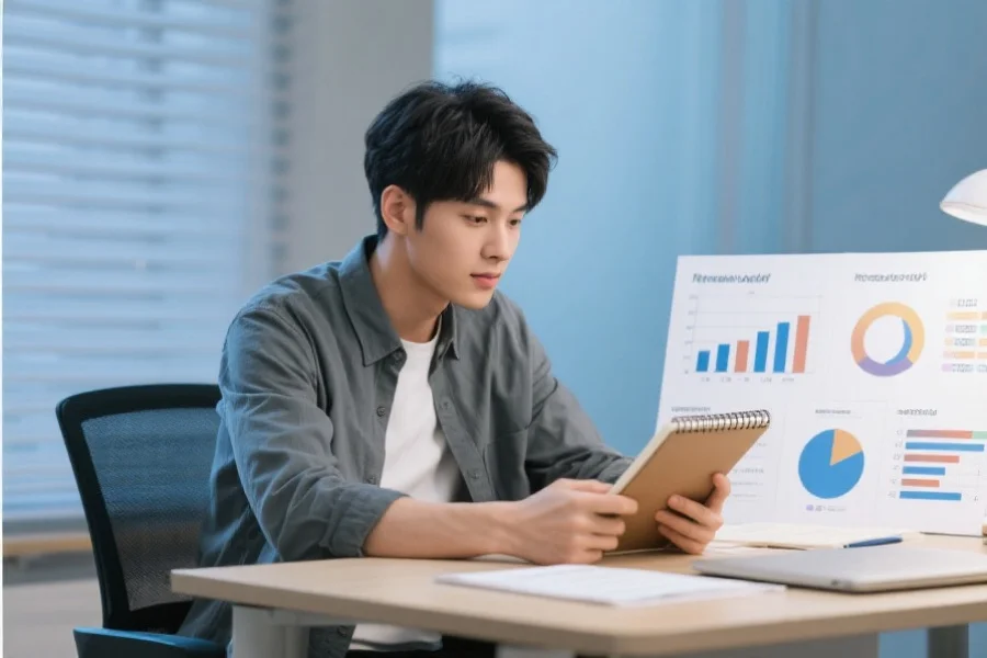 一位年轻人坐在桌前，手持笔记本，神情专注，身旁有理性分析的图表和数据，表现理智参与的态度